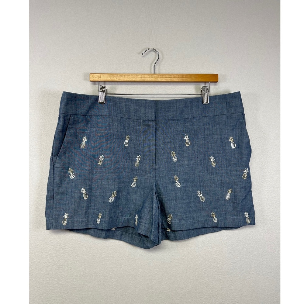 Tropical LOFT Womens 14 Blue Pineapple Embroidered Chambray Shorts Cotton Casual